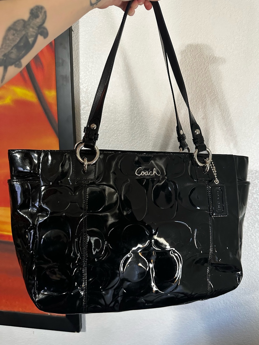 COACH Black Patent Leather Embossed C East West Gallery Large Tote